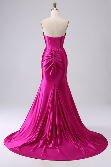 Sparkly Fuchsia Mermaid Sweetheart Corset Long Ball Dress with Slit